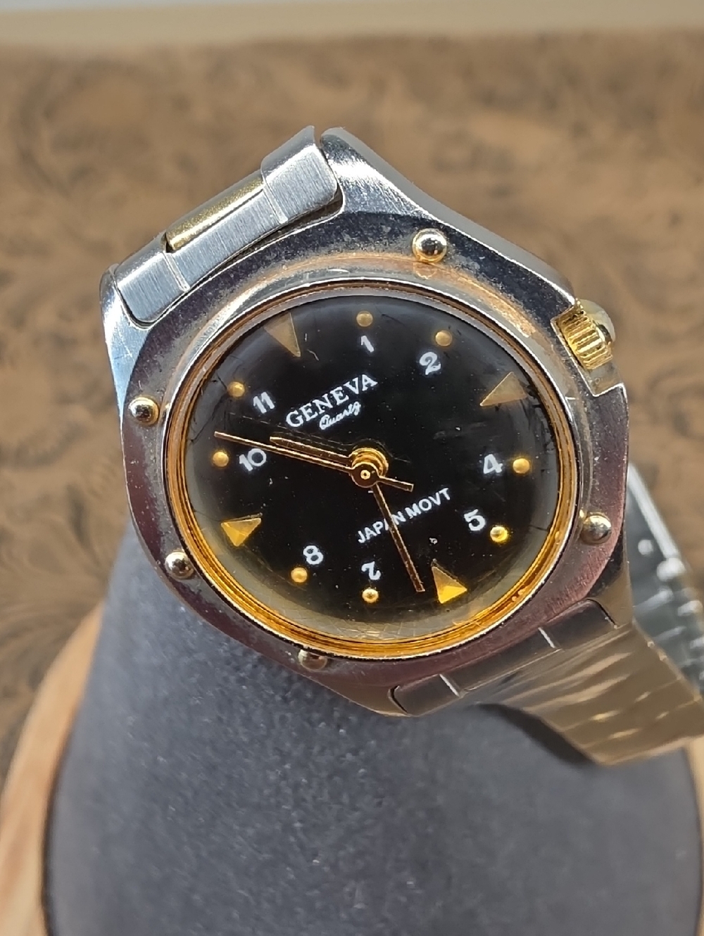 Geneva Two-Tone Black Dial Watch with Gold Accents